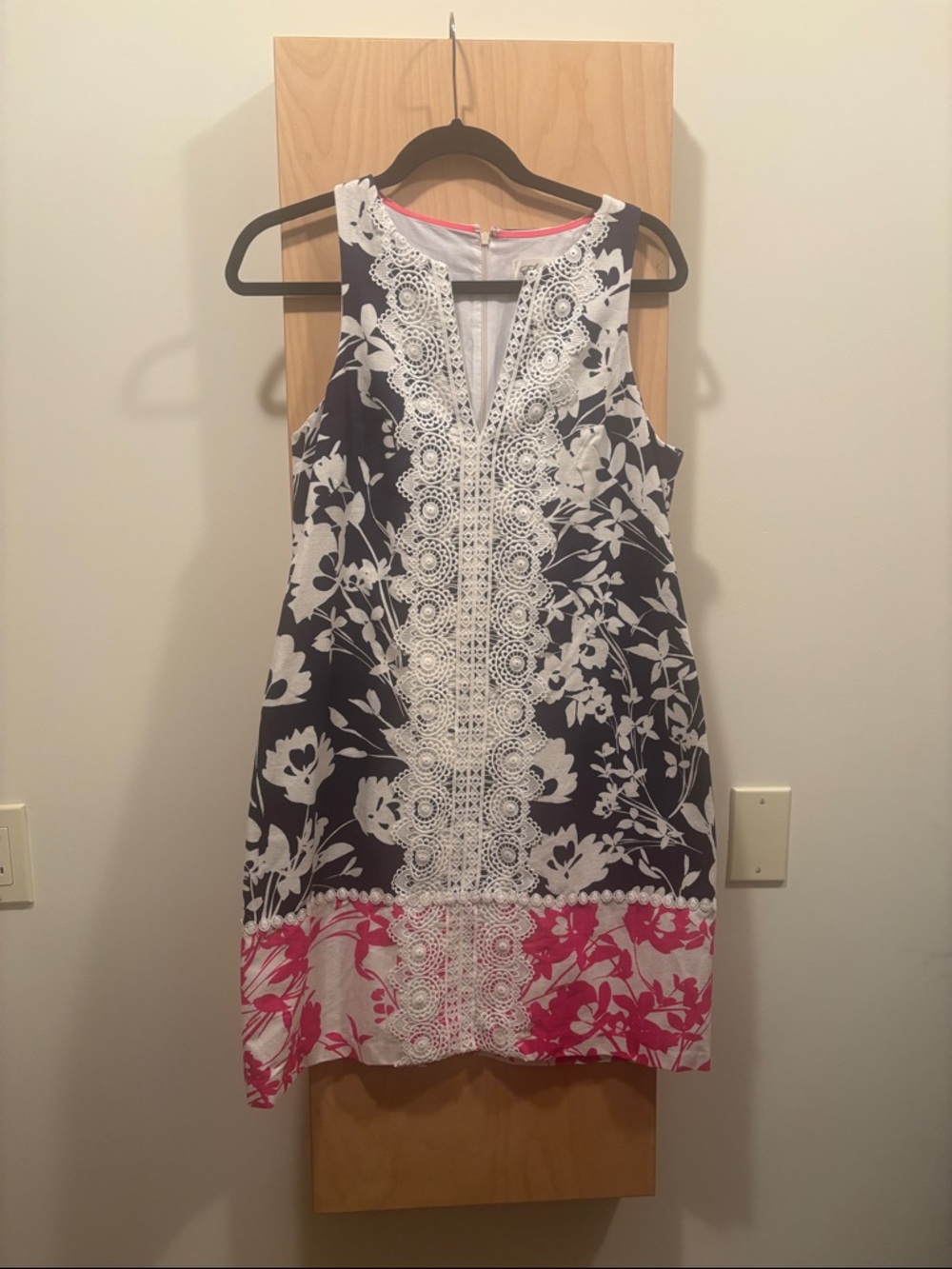 Eliza J Navy, White & Pink Floral Lace-Trim Sleeveless Shift Dress
